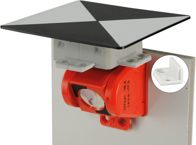 Exaktes Anbringen der Laserscanner-Marker RSL-X80 über dem Messpunkt des Mini Prisma RSMP380 mittels dem Winkeladapter RSA-X80
